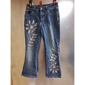 Paco Jeans Denim Blue Floral Embroidered Rhinestone Y2K Straight Leg